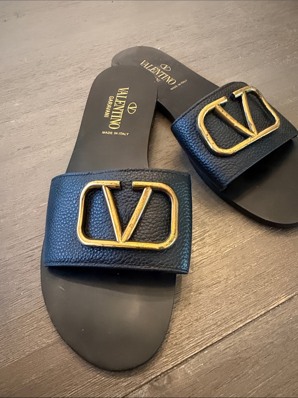 Valentino Black Leather Slide Sandals with Gold V-Logo